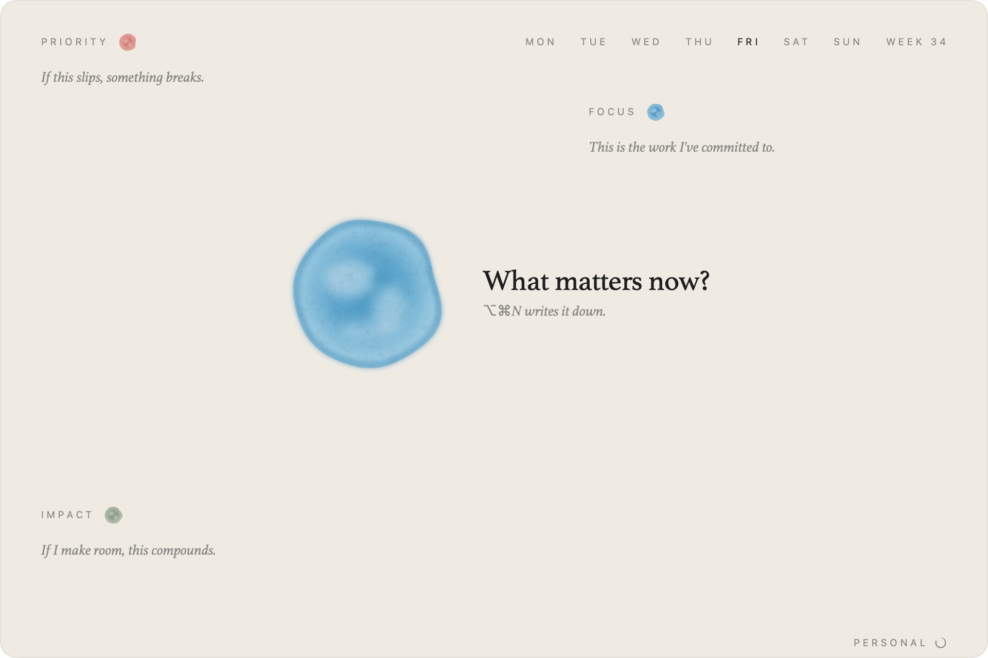 oDoT's empty board: the three buckets, a blue watercolor circle, and the words “What matters now?”